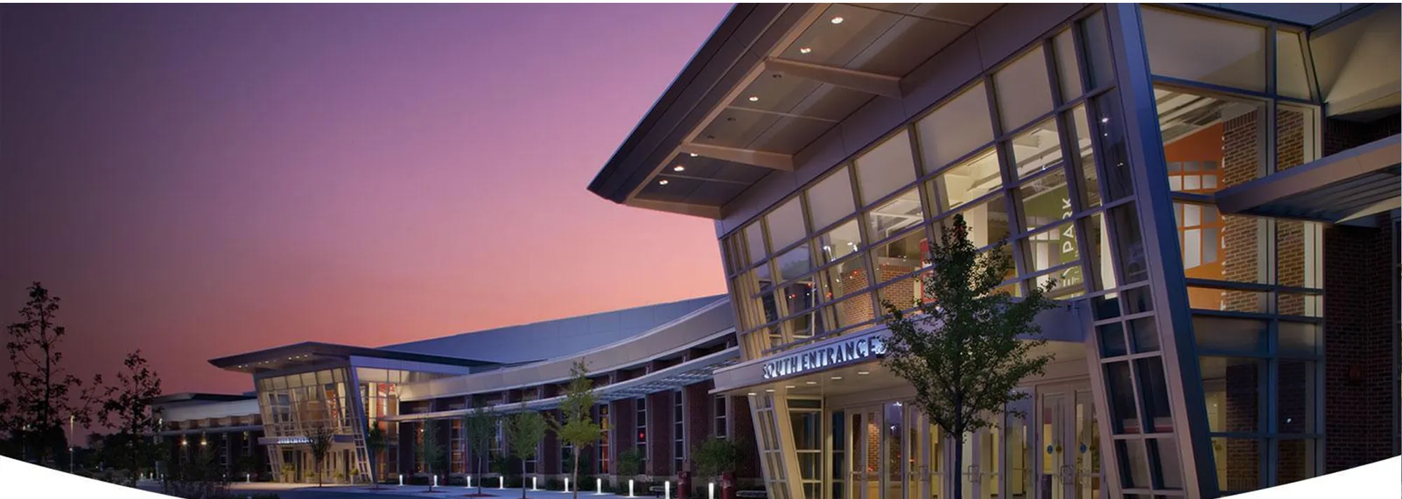 Tinley Park Convention Center south entrance at dusk