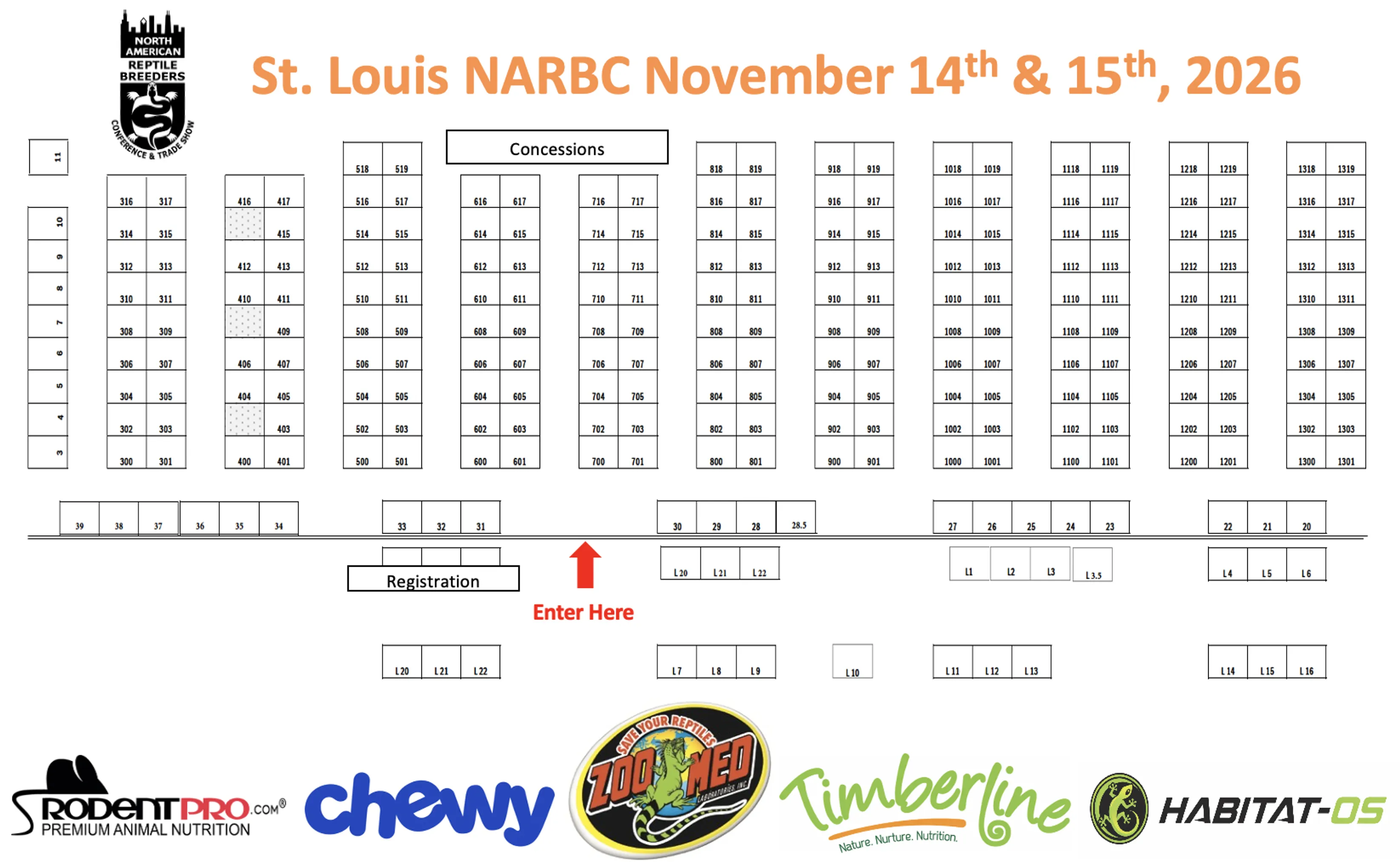 Booth floor map titled "St. Louis NARBC November 14th & 15th, 2026" — numbered booth grid with the entrance, registration desk and concessions marked